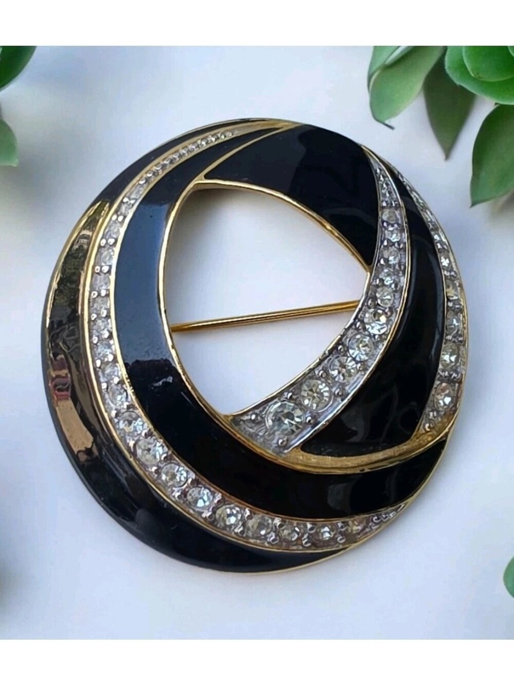 Vintage Signed Trifari Black Enamel Rhinestone Swirl Brooch Gold Tone Abstract